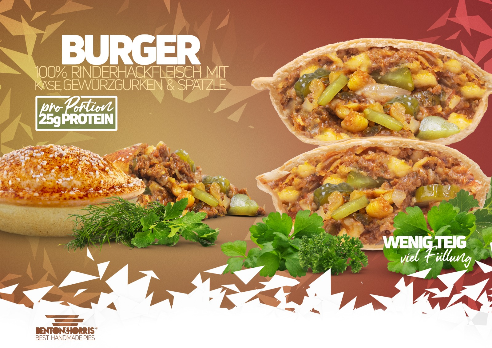 Burger Pie with 100% beef mince, cheese, and pickles – hearty snack from Benton & Horris