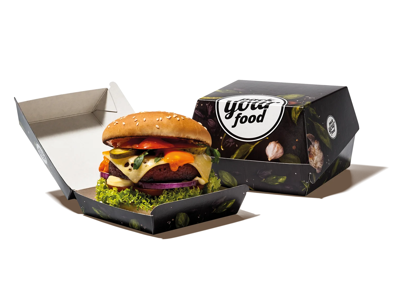 Burger packaging box made of cardboard with hook closure, grease-resistant inner coating, and custom printing