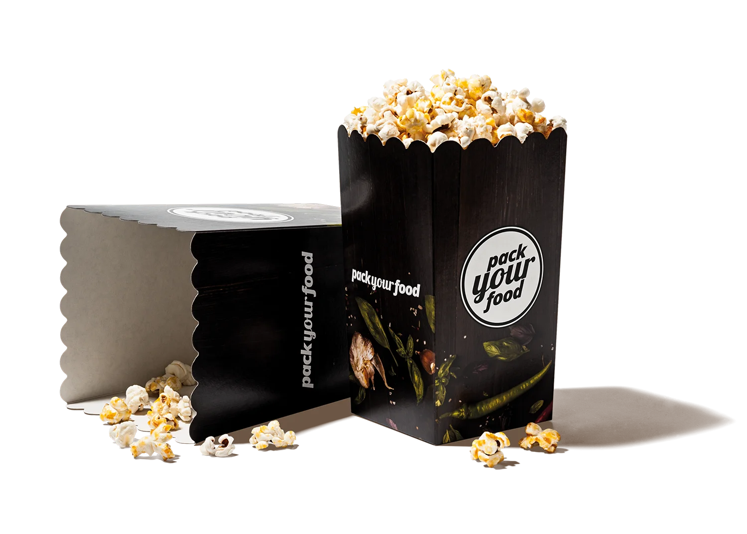 Popcorn bag made of cardboard with automatic bottom, plant-based barrier coating, and custom printing for snack packaging