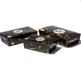 Square gift box made of food-grade cardboard with insert system, barrier coating, and custom printing