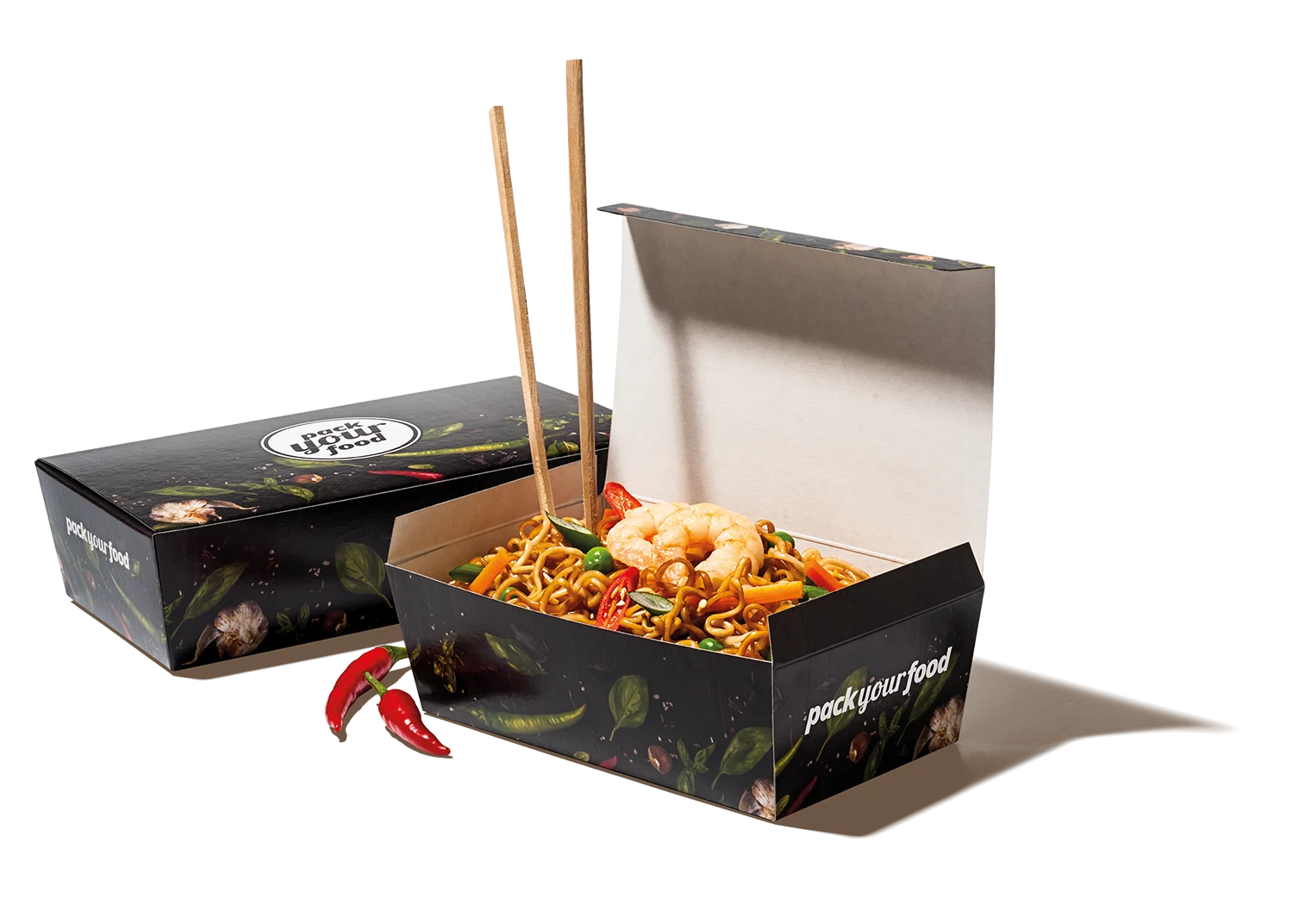 Snack box made of cardboard for to-go packaging with resealable lid, barrier coating, and custom printing