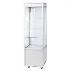 Narrow display cabinet with base, including lighting